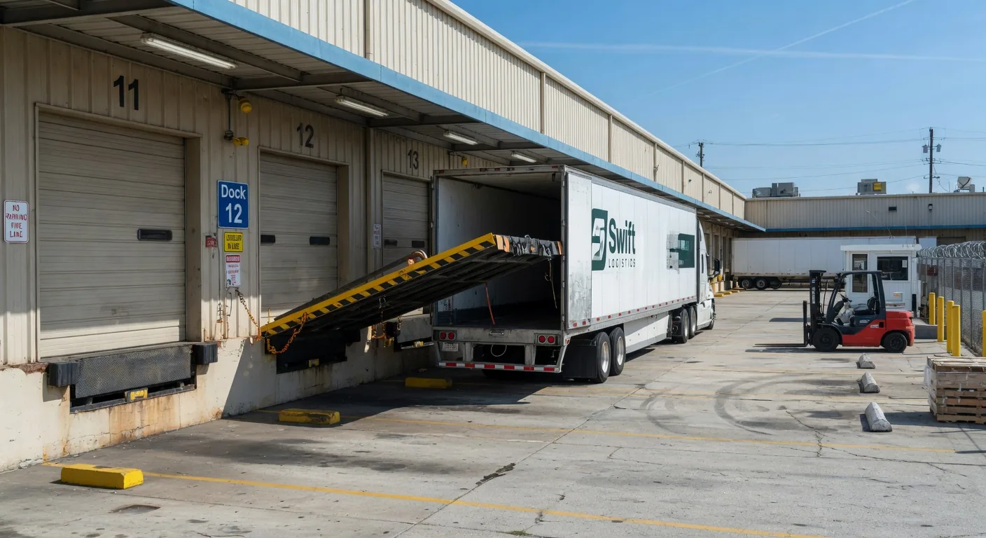 Busy Savannah area warehouse loading dock with levelers, trucks, and professional exterior maintenance in progress